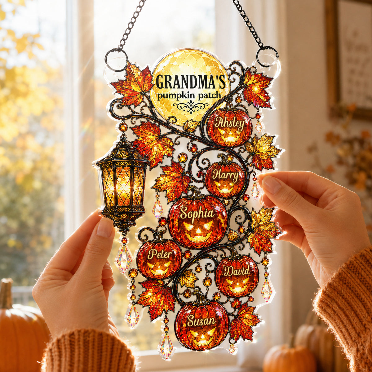 Grandma's Pumpkin Patch - Personalized Acrylic Window Hanging - Halloween Fall Decor for Grandma
