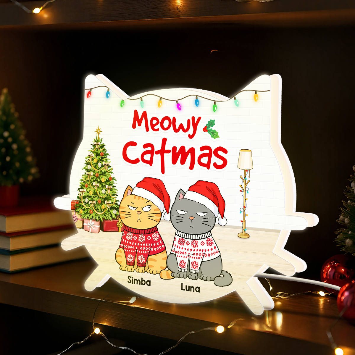 Christmas Funny Cats Meowy Christmas - Personalized Light Box - Gift For Cat Lovers