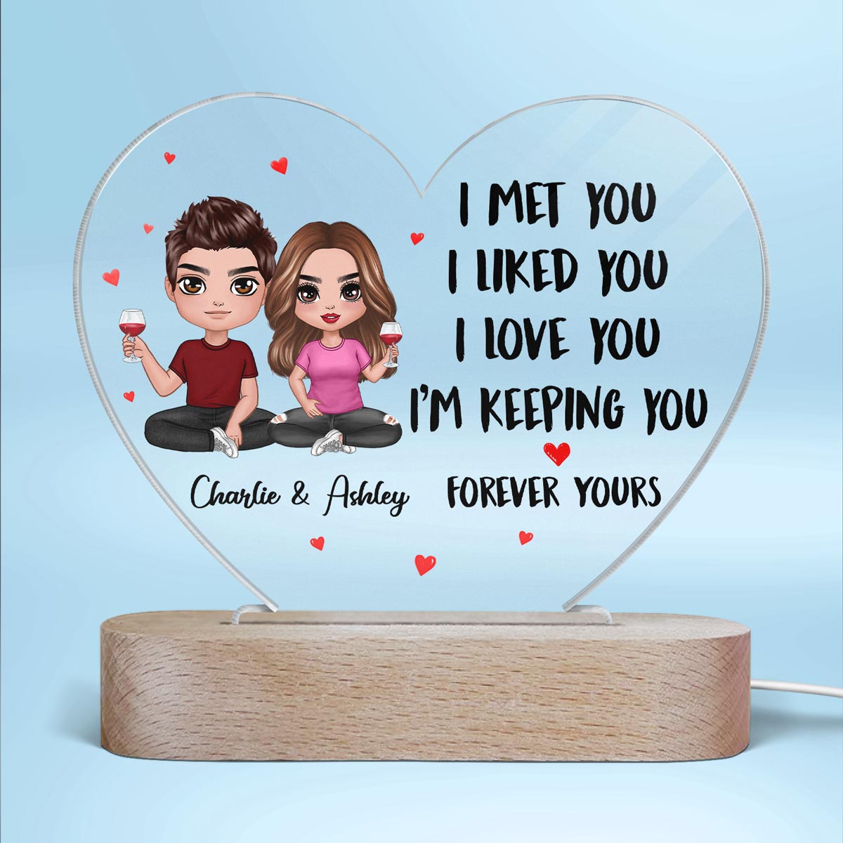Doll Couple Sitting I Met You Gift For Him For Her Personalized Acrylic Heart Plaque LED Night Light