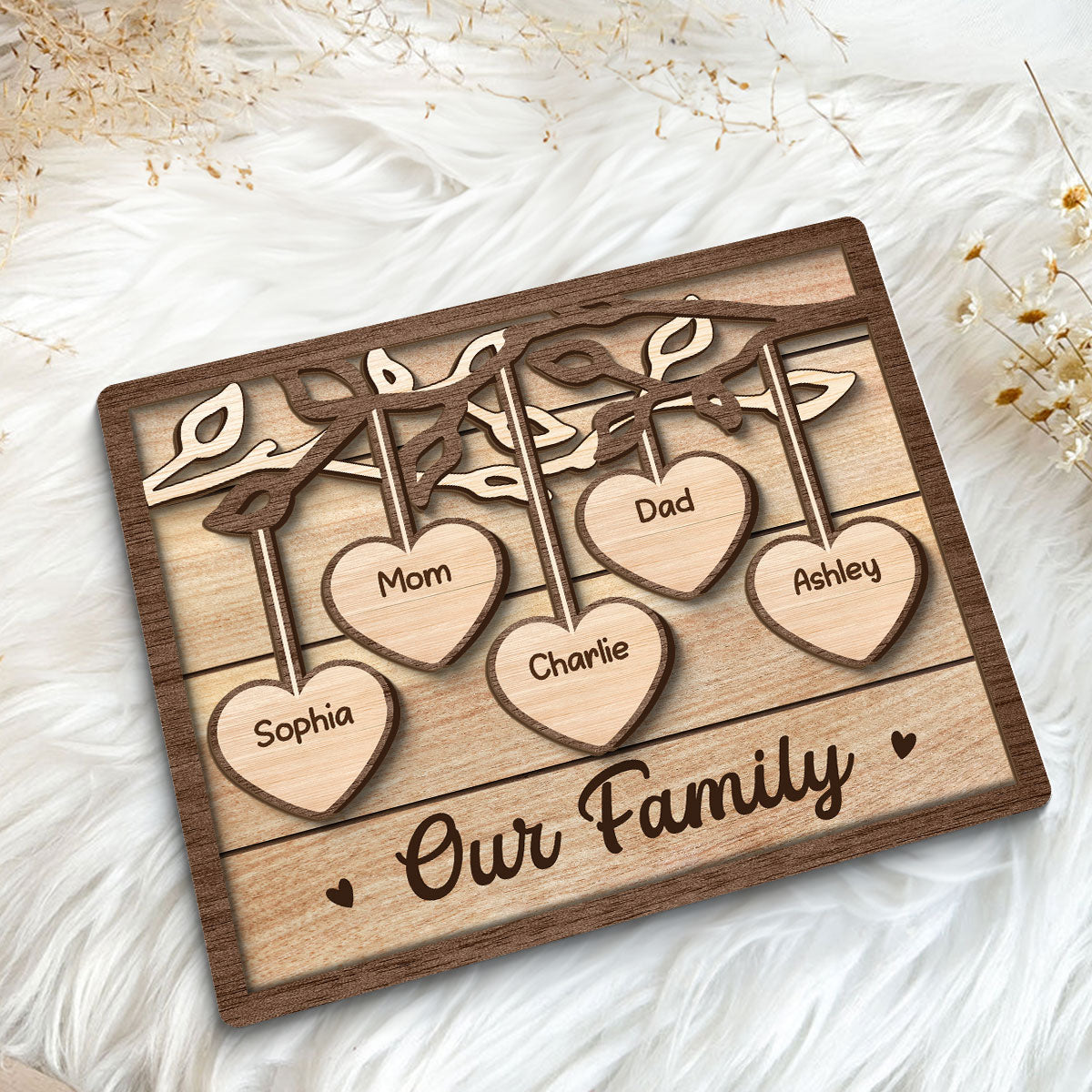 Family Tree Sign Grandkids Names Hanging Hearts Home Decor Personalized 2-Layer Wooden Plaque