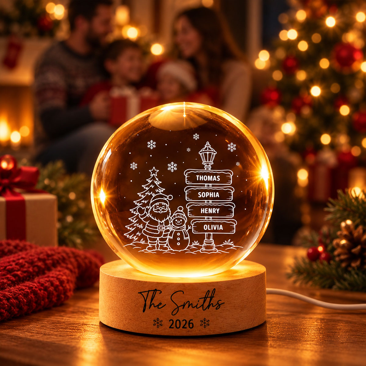 Joyful Christmas Custom Family Names - Personalized Crystal Ball LED Night Light - Gift For Family, Boy Girl