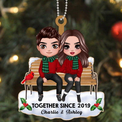 Christmas Couple Sitting On Bench Personalized Wooden Ornament