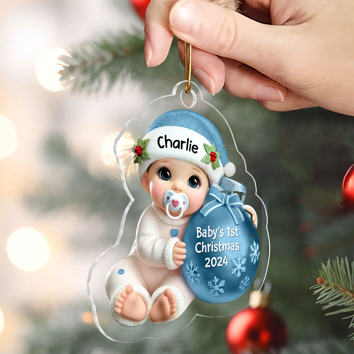 Baby Beside Christmas Bauble 3D Effect Baby's First Christmas Personalized Acrylic Flat Ornament