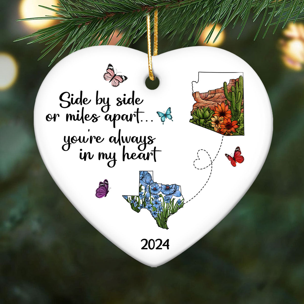 Miles Apart Long Distance Friendship Family Watercolor Wildflower State Map Personalized Ceramic Heart Ornament, Togetherness Keepsake