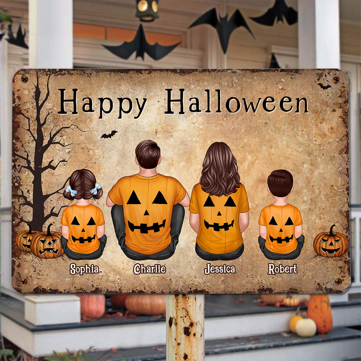 Halloween Family Sitting Personalized Metal Sign, Halloween Decoration