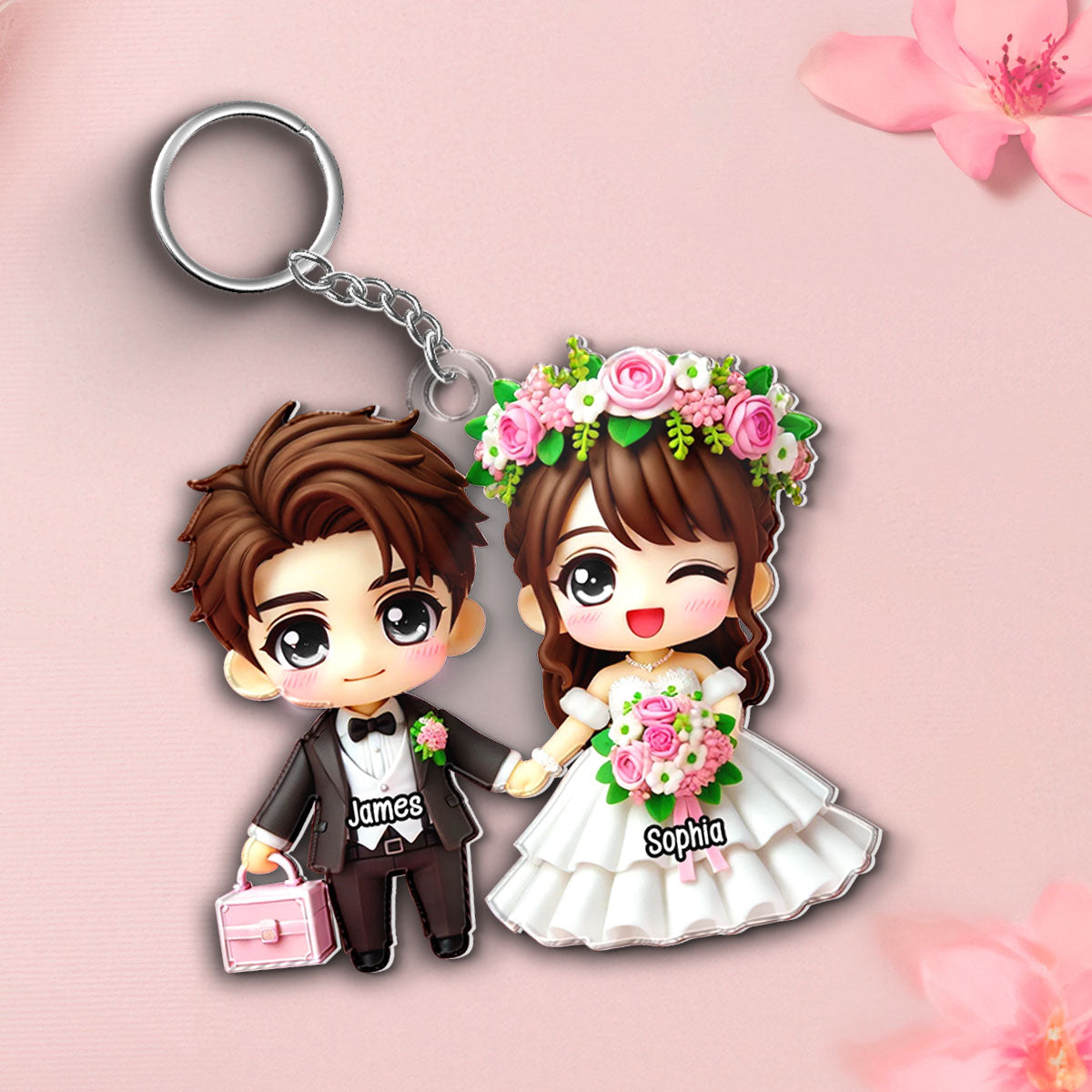 3D Effect Wedding Cartoon Chibi Couple Personalized Acrylic Keychain, Gift for him, Gift for her