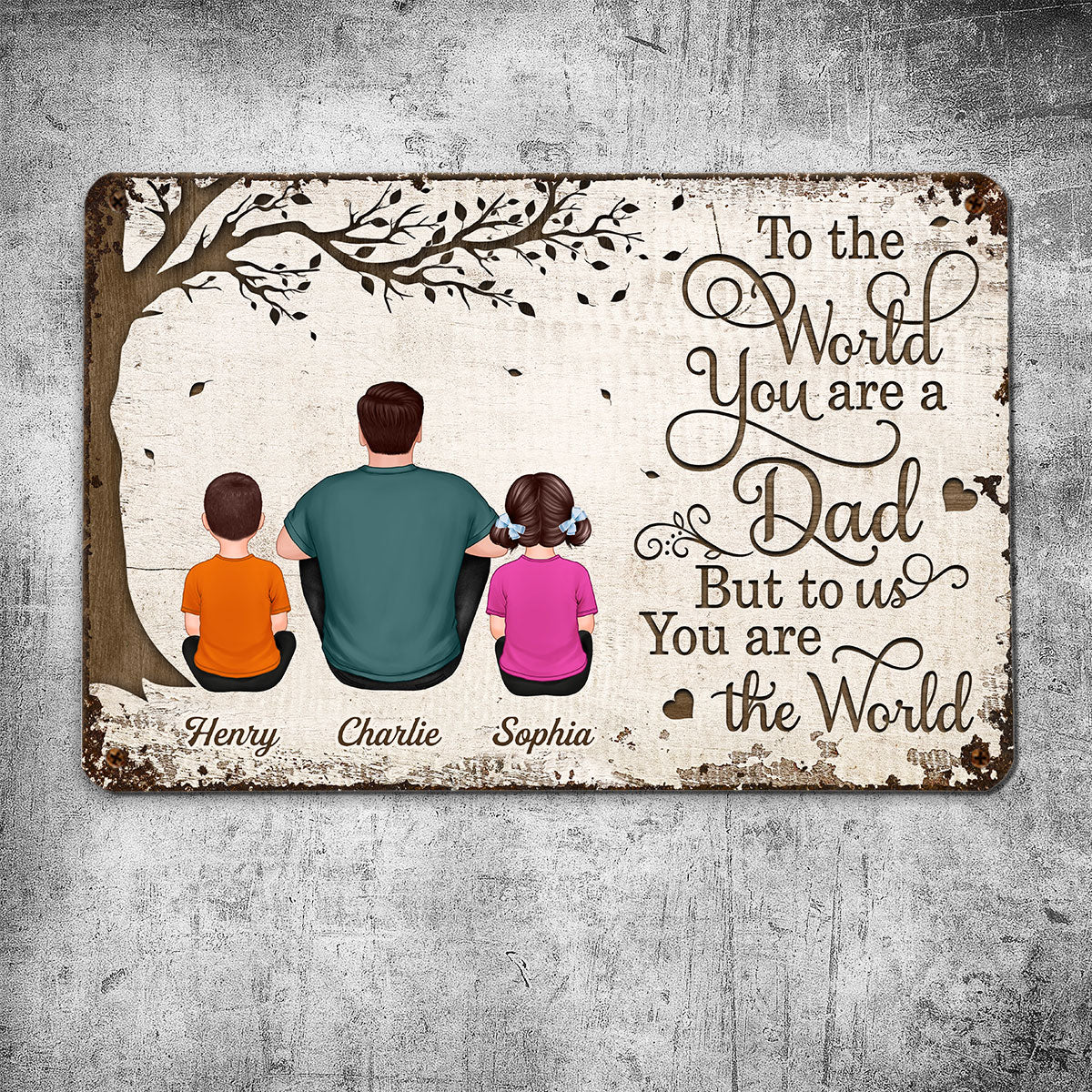 Back View Dad And Kids Dogs Cats Sitting Personalized Metal Sign