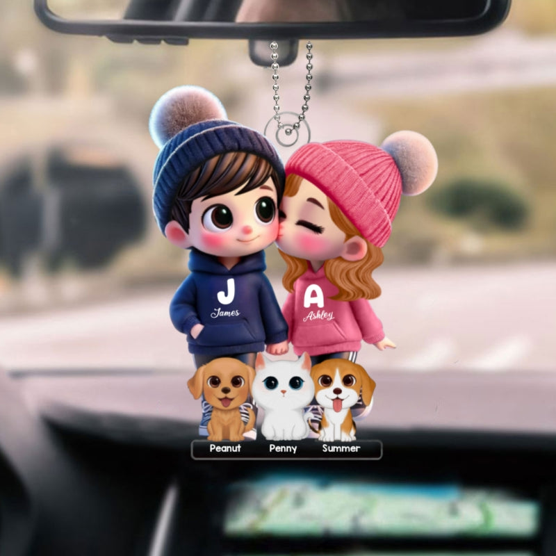 3D Effect Cute Cartoon Couple Watercolor Dogs Cats Personalized Acrylic Car Hanger,  Gift for Him, Gift for Her, Pet Lovers