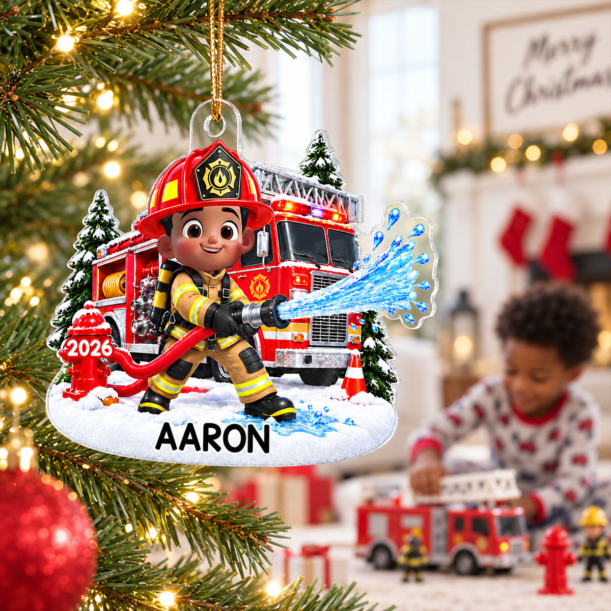 Trending Kid Firefighter - Personalized Acrylic Ornament - Gift For Boys, Girls, Grandkids