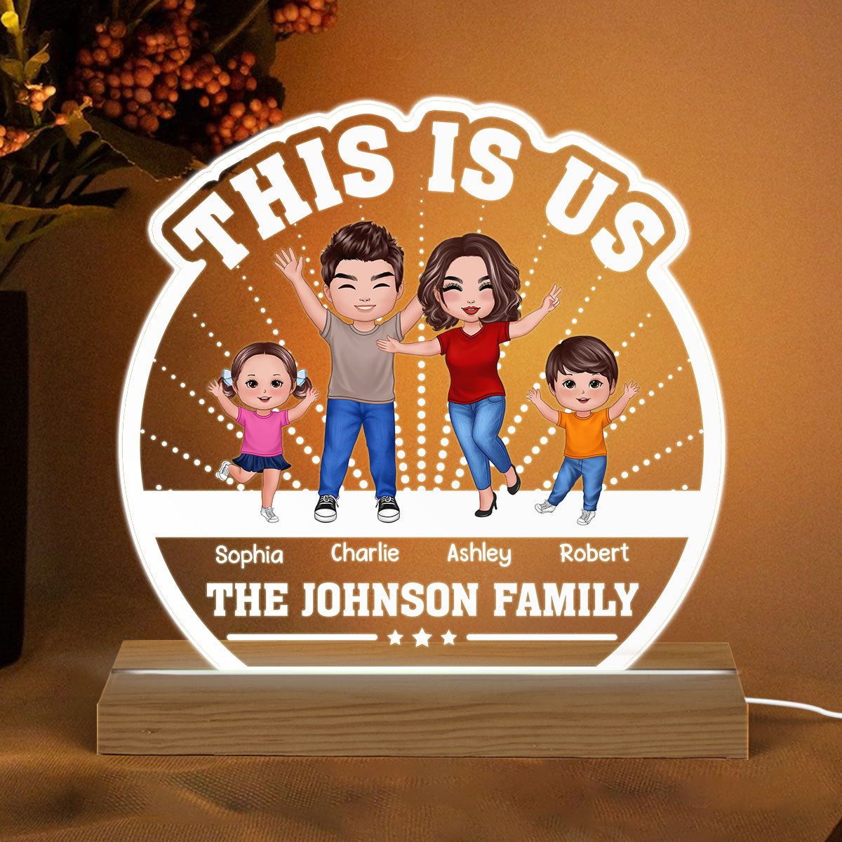 This Is Us Happy Family Doll Mom Dad Kid Dog Cat Personalized Custom Shaped Acrylic Plaque With LED Night Light