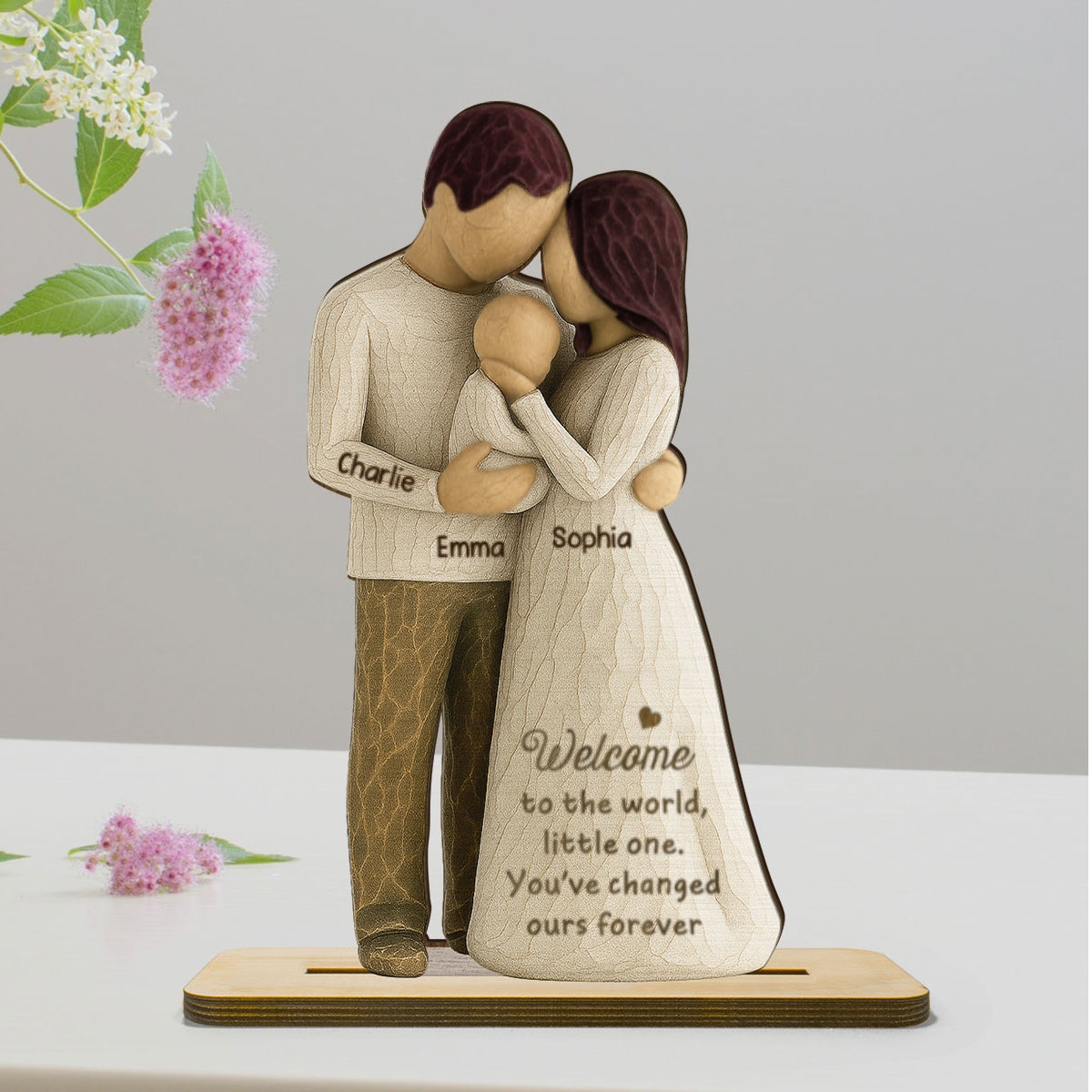 Welcome To The World First Time Parents Couple & Baby 3D Effect Personalized Standing Wooden Plaque, Gift For First Time Parents