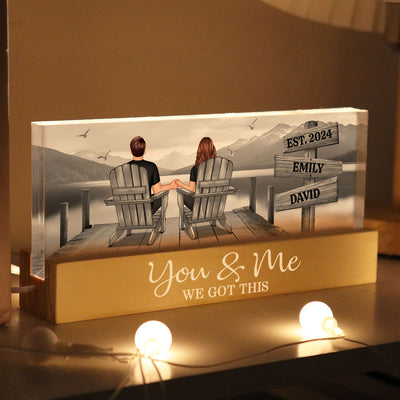 Lake Dock Couple Sitting Holding Hands Sign Posts Personalized Acrylic Block LED Night Light, Home Decoration, Gift For Her, For Him
