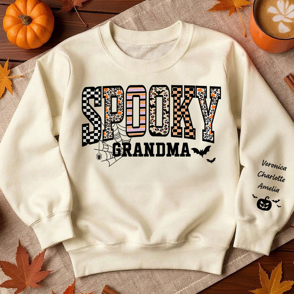 Spooky Grandma Halloween Vibe Personalized Sleeve Printed Sweatshirt