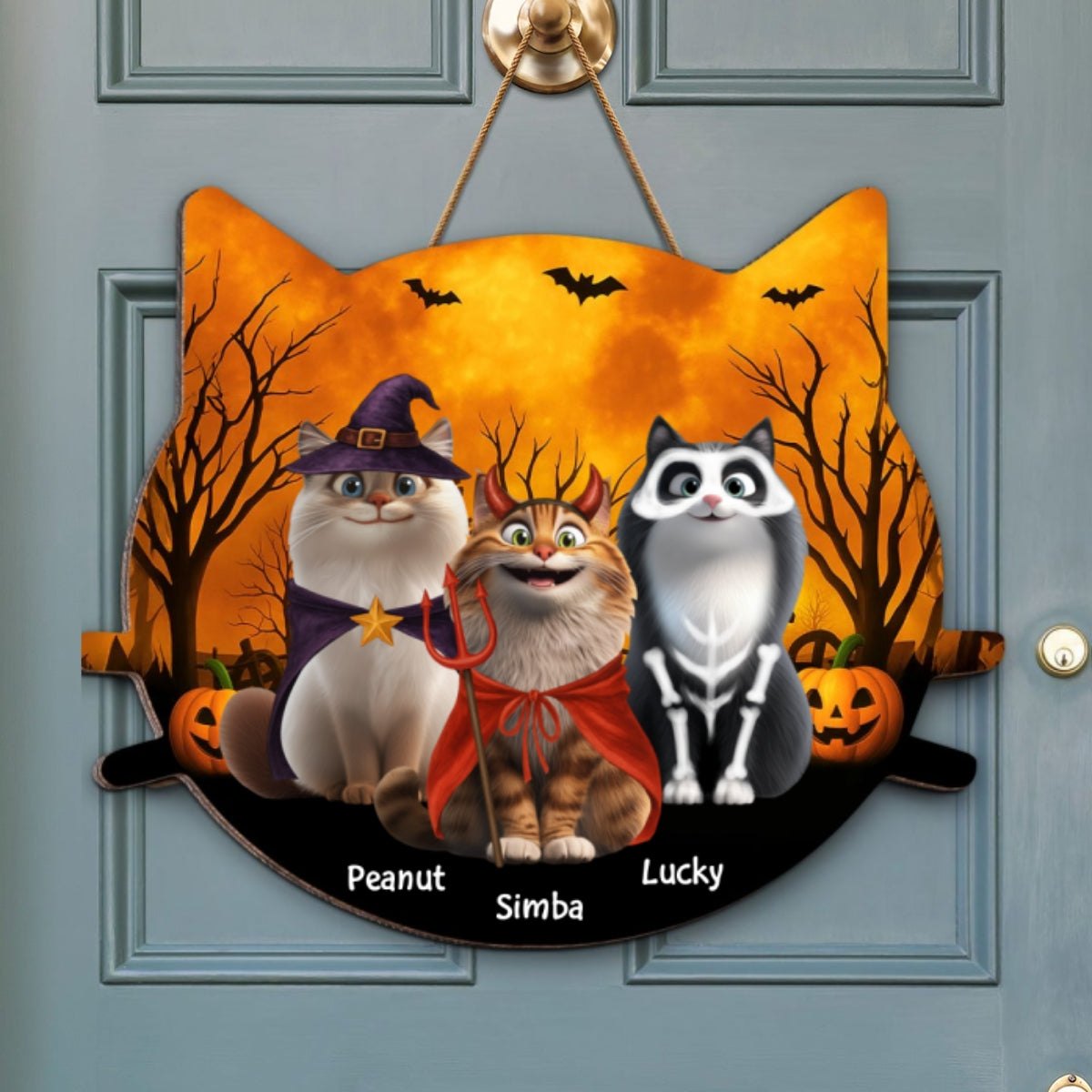 Halloween Cat Face Shaped Personalized Wooden Door Sign, Halloween Decor for Cat Lovers, Cat Moms, Cat Dads