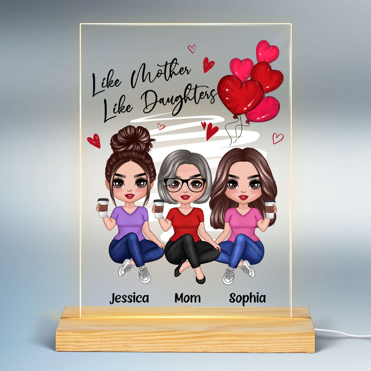 Red Hearts Like Mother Like Daughters Doll Women Sitting Gift For Mom Daughters Personalized Rectangle Acrylic Plaque LED Night Light