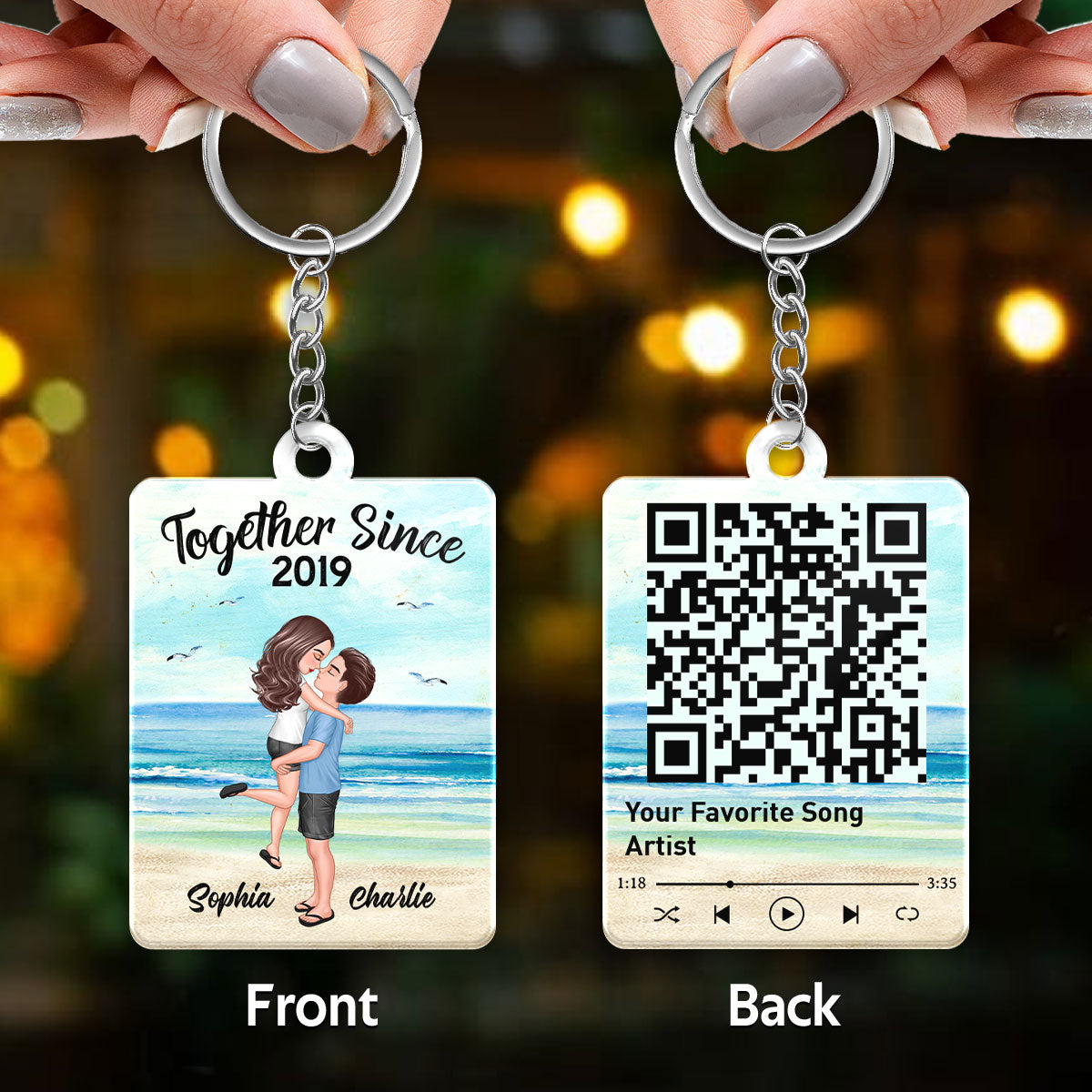 Couple Kissing Hugging On Beach Favorite Song Scannable QR Code Personalized Acrylic Keychain
