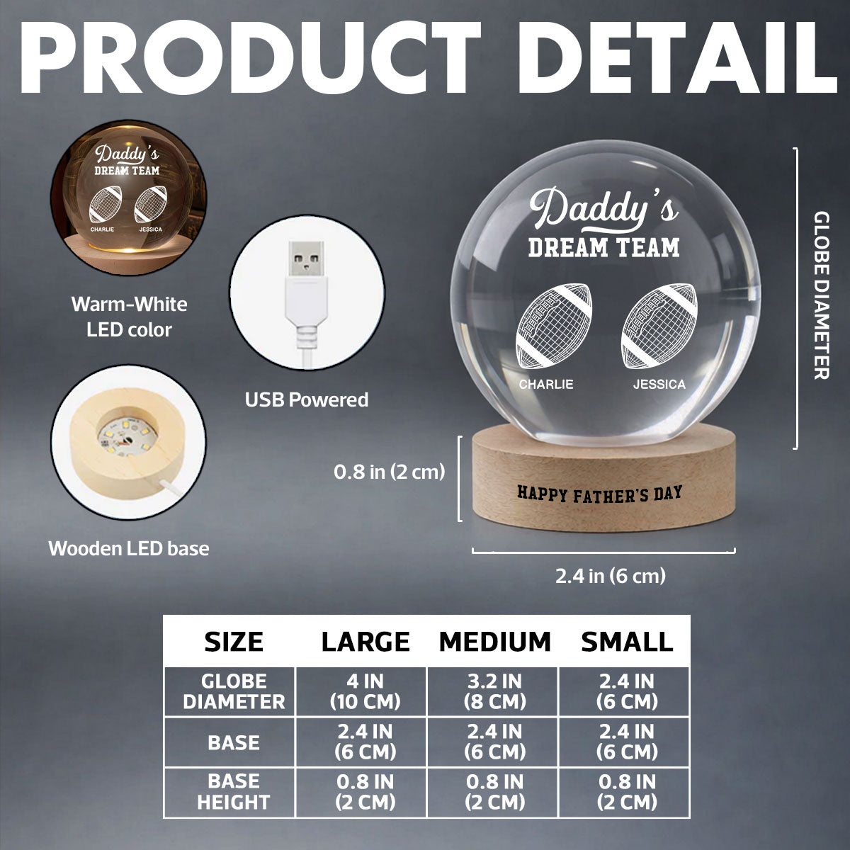 American Football Daddy's Dream Team Illusion Style - Personalized Crystal Ball LED Night Light -  Gift For Dad, Husband
