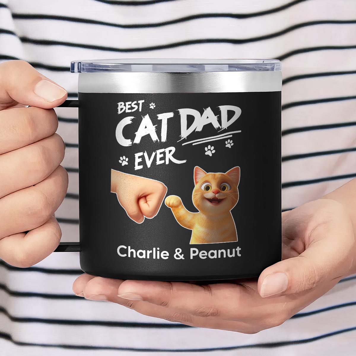 Best Cat Dad Ever Personalized Stainless Steel Tumbler With Handle, Unique 2025 Father's Day Gift For Cat Lovers