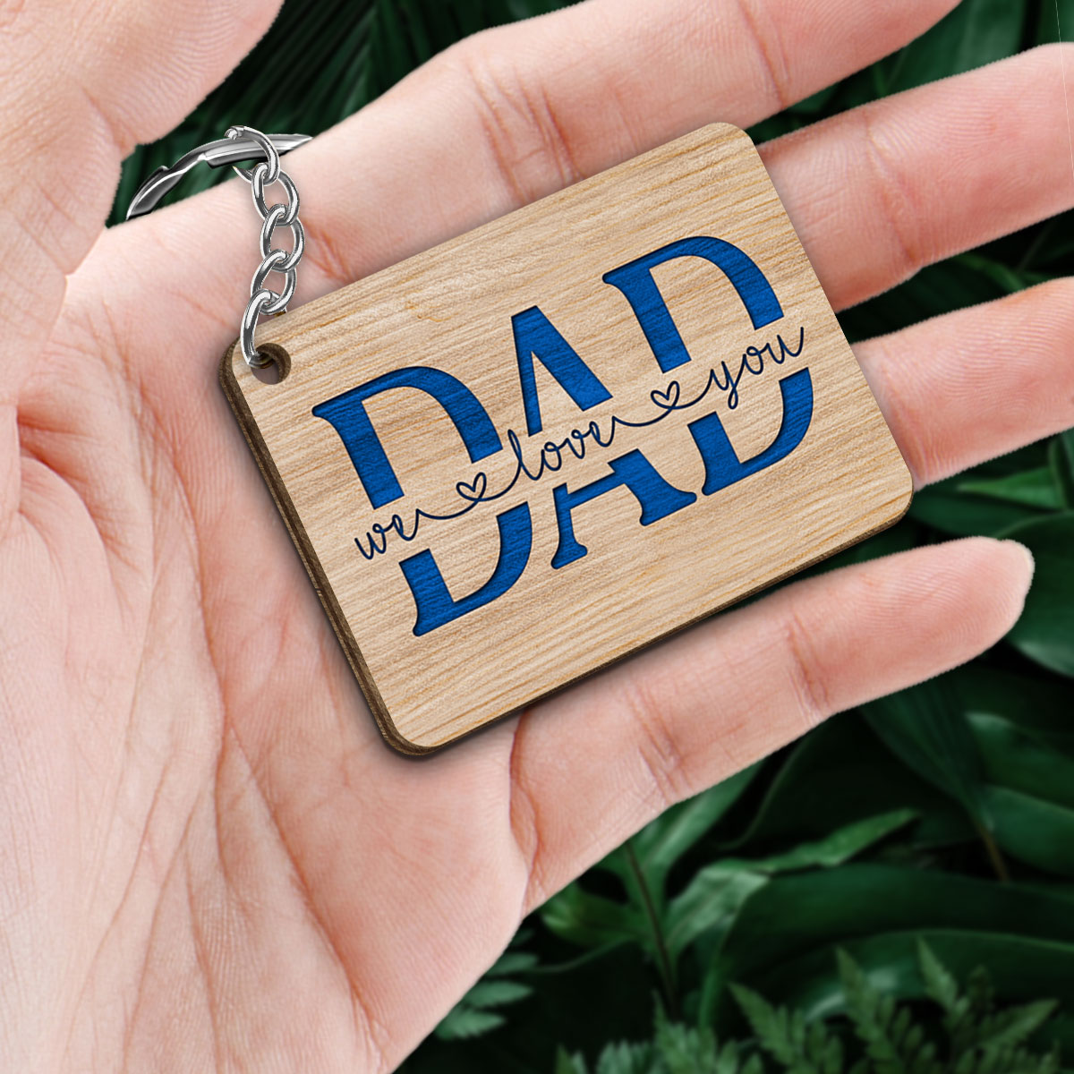 Dad And Kids Under Blue Tree Personalized Wooden Keychain
