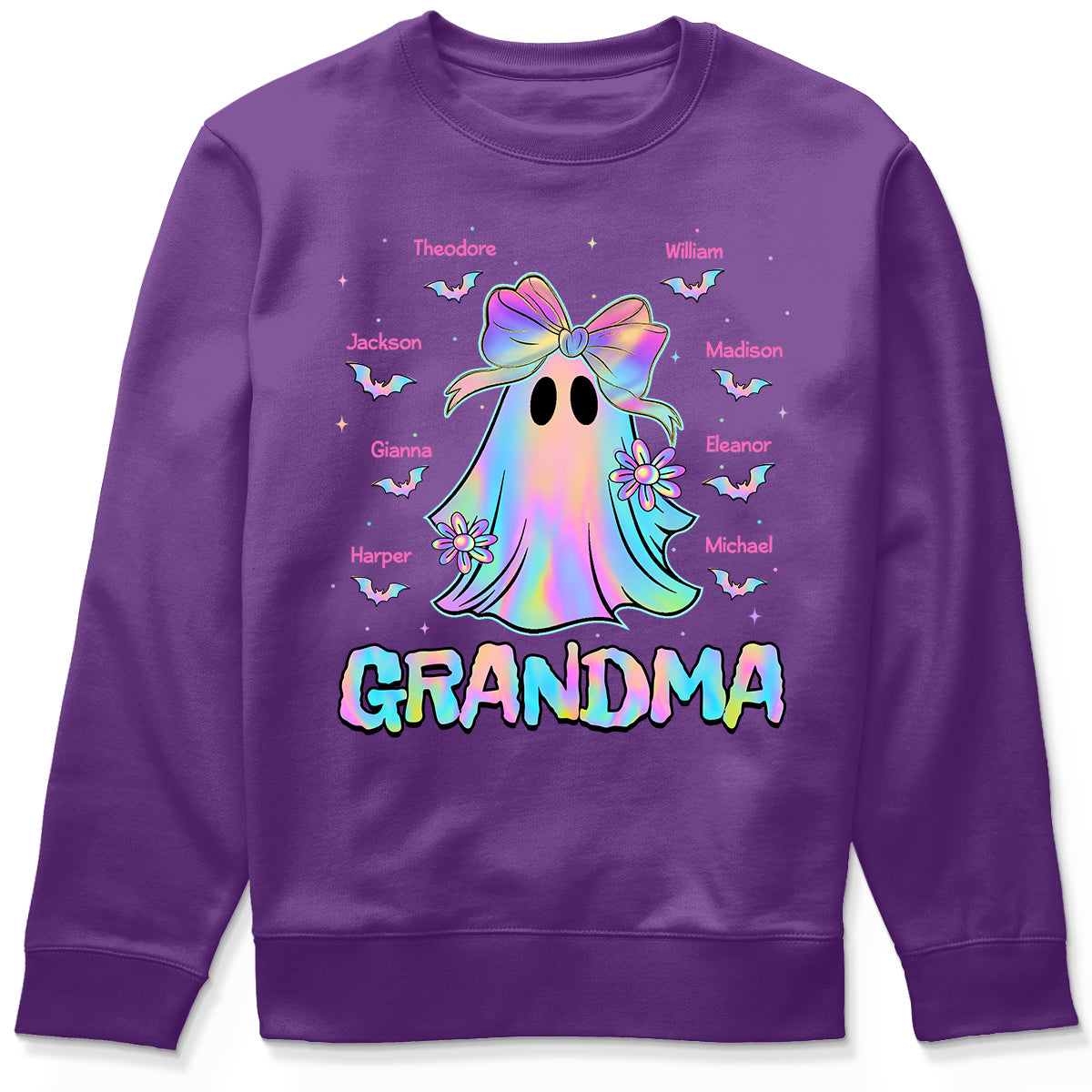 Halloween Preppy Style Iridescent Boo Kids Names Grandma Heart Personalized Shirt