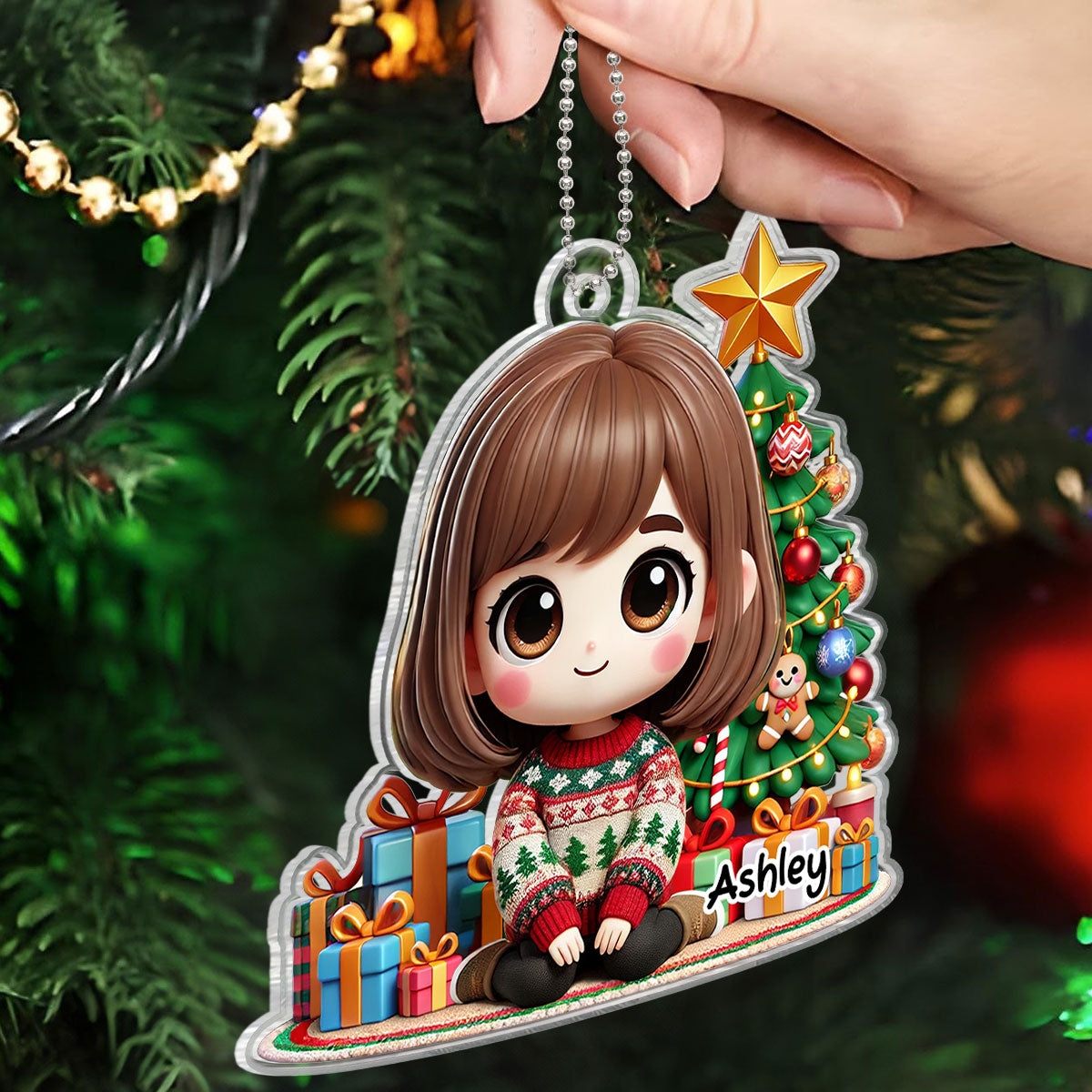 Cute Granddaughter Grandson Kid Sitting With Christmas Tree And Gift Personalized Acrylic Ornament, Gift For Grandkids