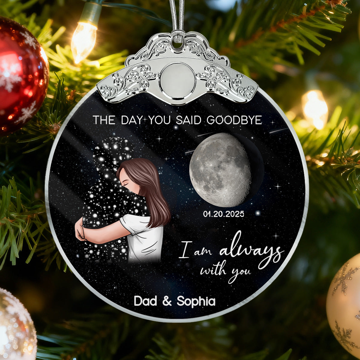 The Day You Said Goodbye Custom Moon Phase - Personalized Glass Ornament With Silver Cap - Heartwarming Memorial Sympathy Gift