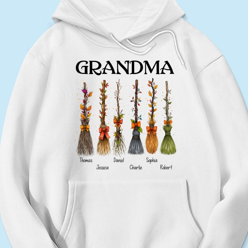 Grandma Witch Beautiful Broomsticks Custom Grandkids Names - Personalized Shirt - Halloween Gift For Grandma