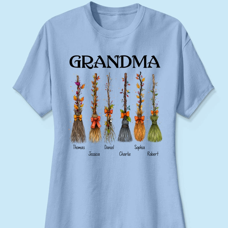 Grandma Witch Beautiful Broomsticks Custom Grandkids Names - Personalized Shirt - Halloween Gift For Grandma