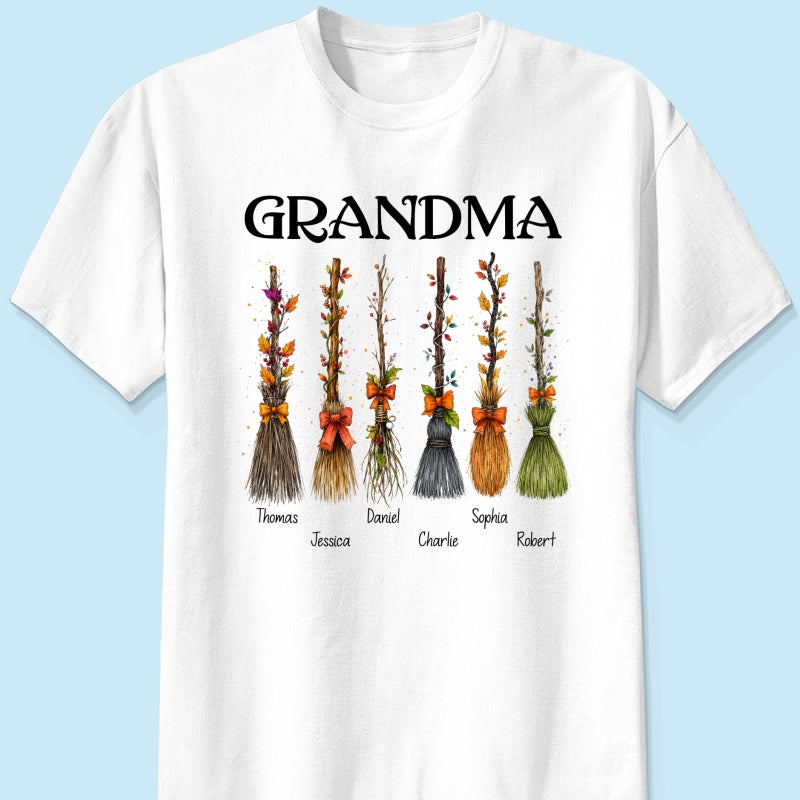 Grandma Witch Beautiful Broomsticks Custom Grandkids Names - Personalized Shirt - Halloween Gift For Grandma