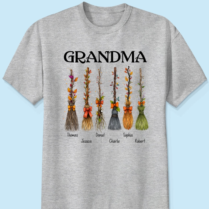Grandma Witch Beautiful Broomsticks Custom Grandkids Names - Personalized Shirt - Halloween Gift For Grandma