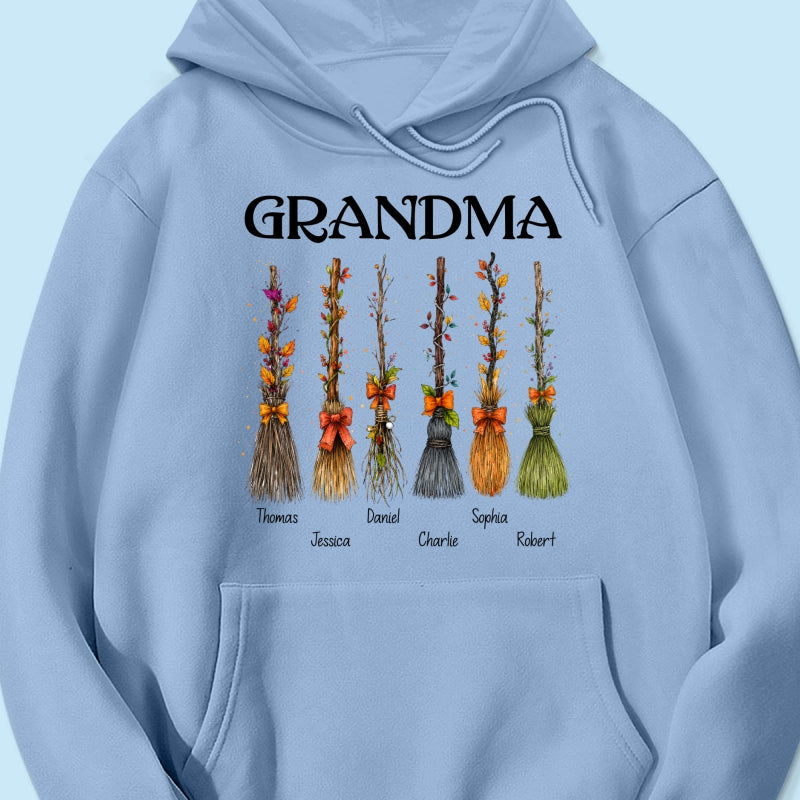 Grandma Witch Beautiful Broomsticks Custom Grandkids Names - Personalized Shirt - Halloween Gift For Grandma