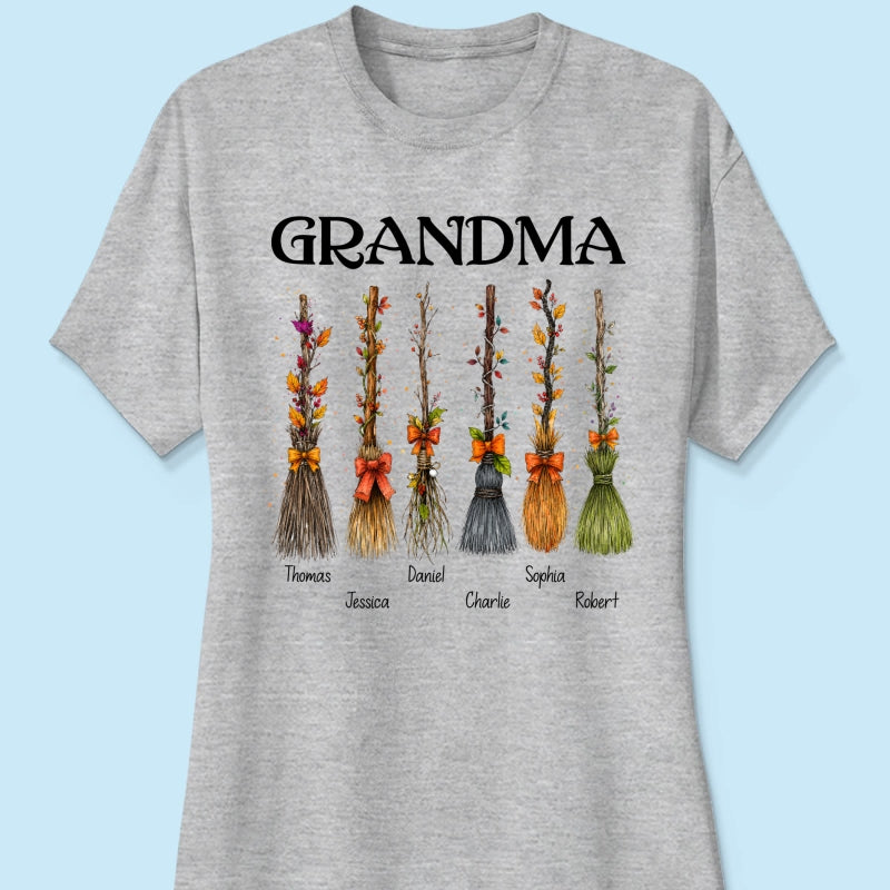 Grandma Witch Beautiful Broomsticks Custom Grandkids Names - Personalized Shirt - Halloween Gift For Grandma