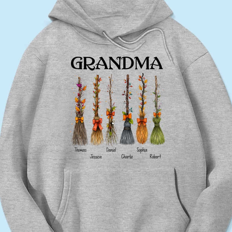 Grandma Witch Beautiful Broomsticks Custom Grandkids Names - Personalized Shirt - Halloween Gift For Grandma