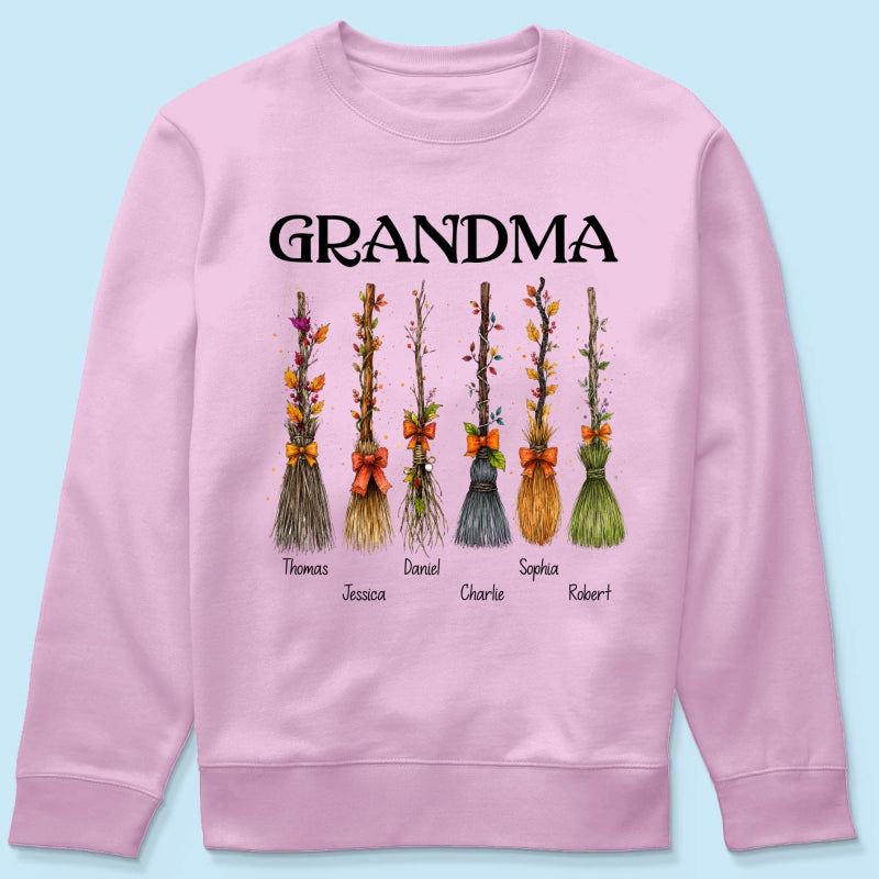 Grandma Witch Beautiful Broomsticks Custom Grandkids Names - Personalized Shirt - Halloween Gift For Grandma
