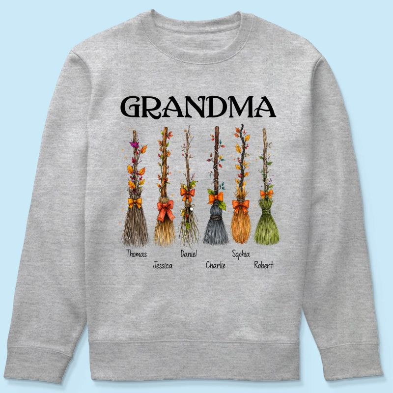 Grandma Witch Beautiful Broomsticks Custom Grandkids Names - Personalized Shirt - Halloween Gift For Grandma