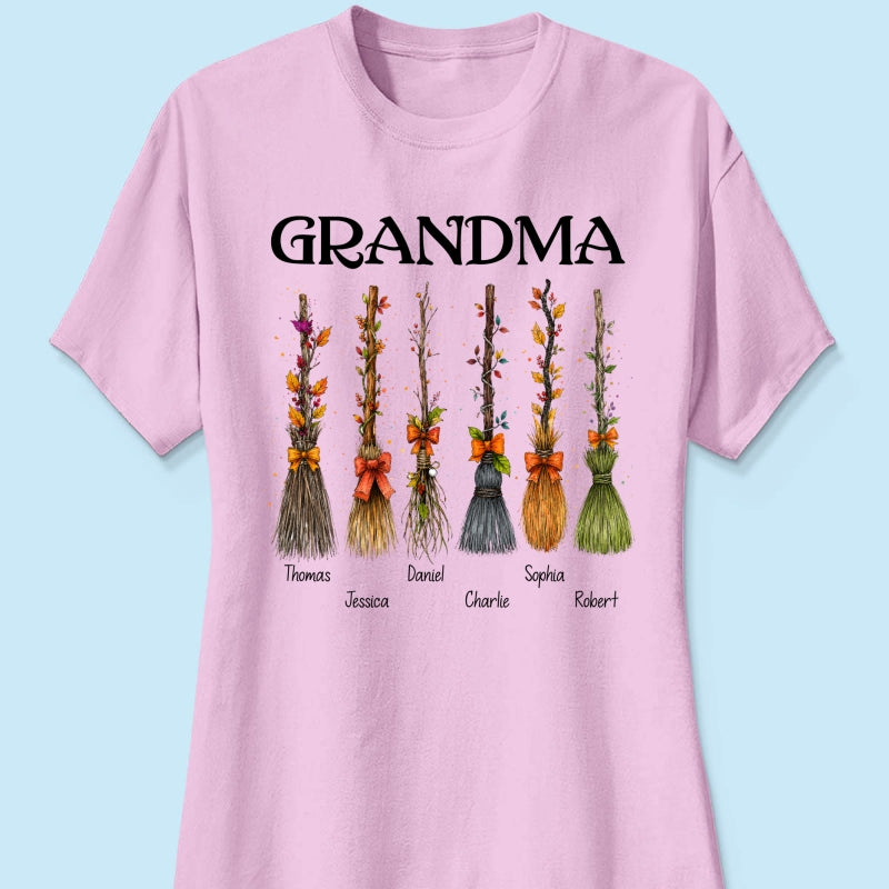 Grandma Witch Beautiful Broomsticks Custom Grandkids Names - Personalized Shirt - Halloween Gift For Grandma