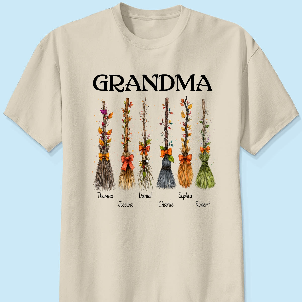 Grandma Witch Beautiful Broomsticks Custom Grandkids Names - Personalized Shirt - Halloween Gift For Grandma