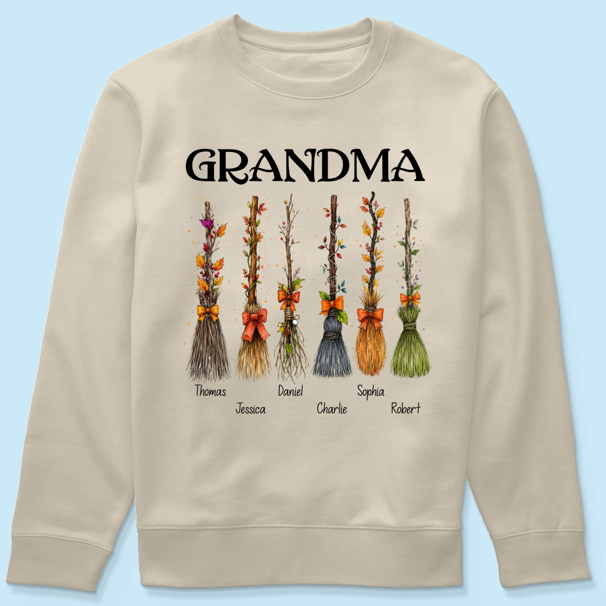 Grandma Witch Beautiful Broomsticks Custom Grandkids Names - Personalized Shirt - Halloween Gift For Grandma