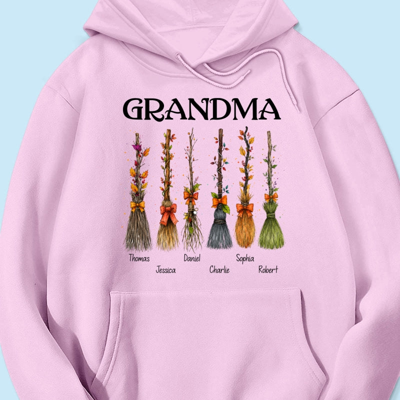 Grandma Witch Beautiful Broomsticks Custom Grandkids Names - Personalized Shirt - Halloween Gift For Grandma