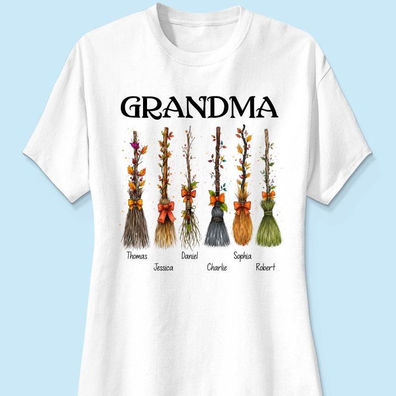 Grandma Witch Beautiful Broomsticks Custom Grandkids Names - Personalized Shirt - Halloween Gift For Grandma