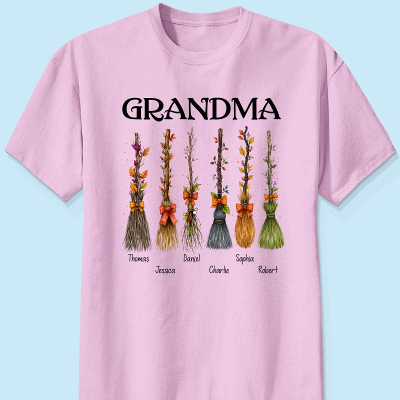 Grandma Witch Beautiful Broomsticks Custom Grandkids Names - Personalized Shirt - Halloween Gift For Grandma