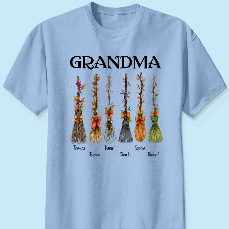 Grandma Witch Beautiful Broomsticks Custom Grandkids Names - Personalized Shirt - Halloween Gift For Grandma