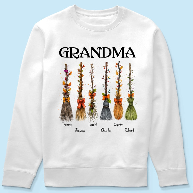Grandma Witch Beautiful Broomsticks Custom Grandkids Names - Personalized Shirt - Halloween Gift For Grandma