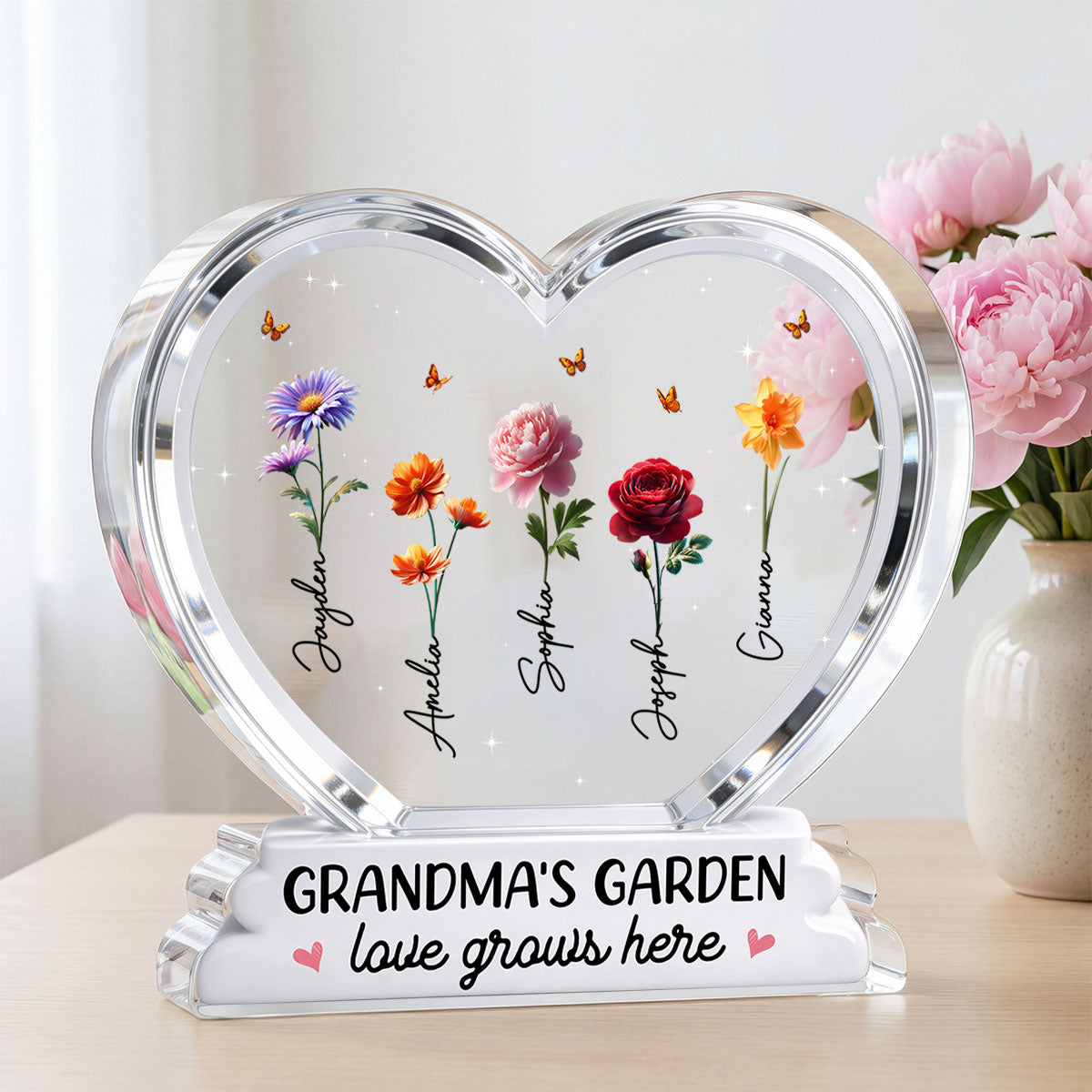Grandma's Garden Birth Month Flowers In Heart 2D Flat - Personalized Acrylic Block Plaque - Gift For Grandma