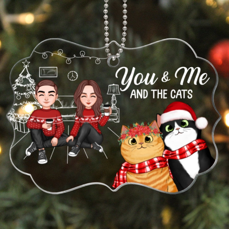 You Me & The Cats Cute Doll Couple Sitting Peeking Cat Personalized Acrylic Ornament