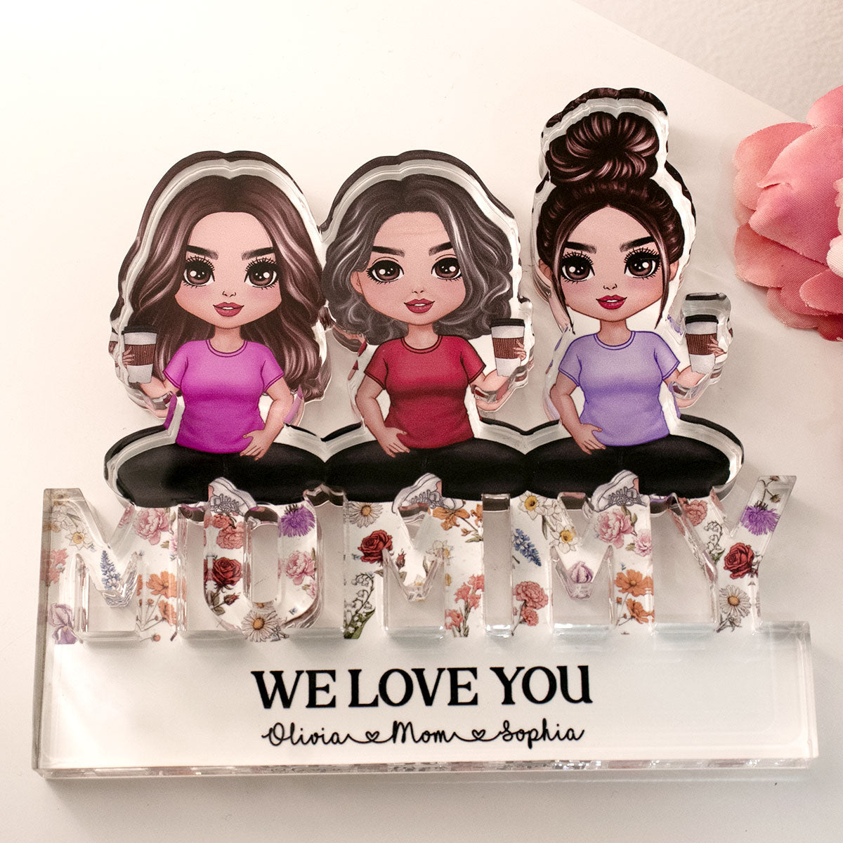 Mom And Daughters Sitting On Word Vintage Flowers Personalized Acrylic Block Plaque