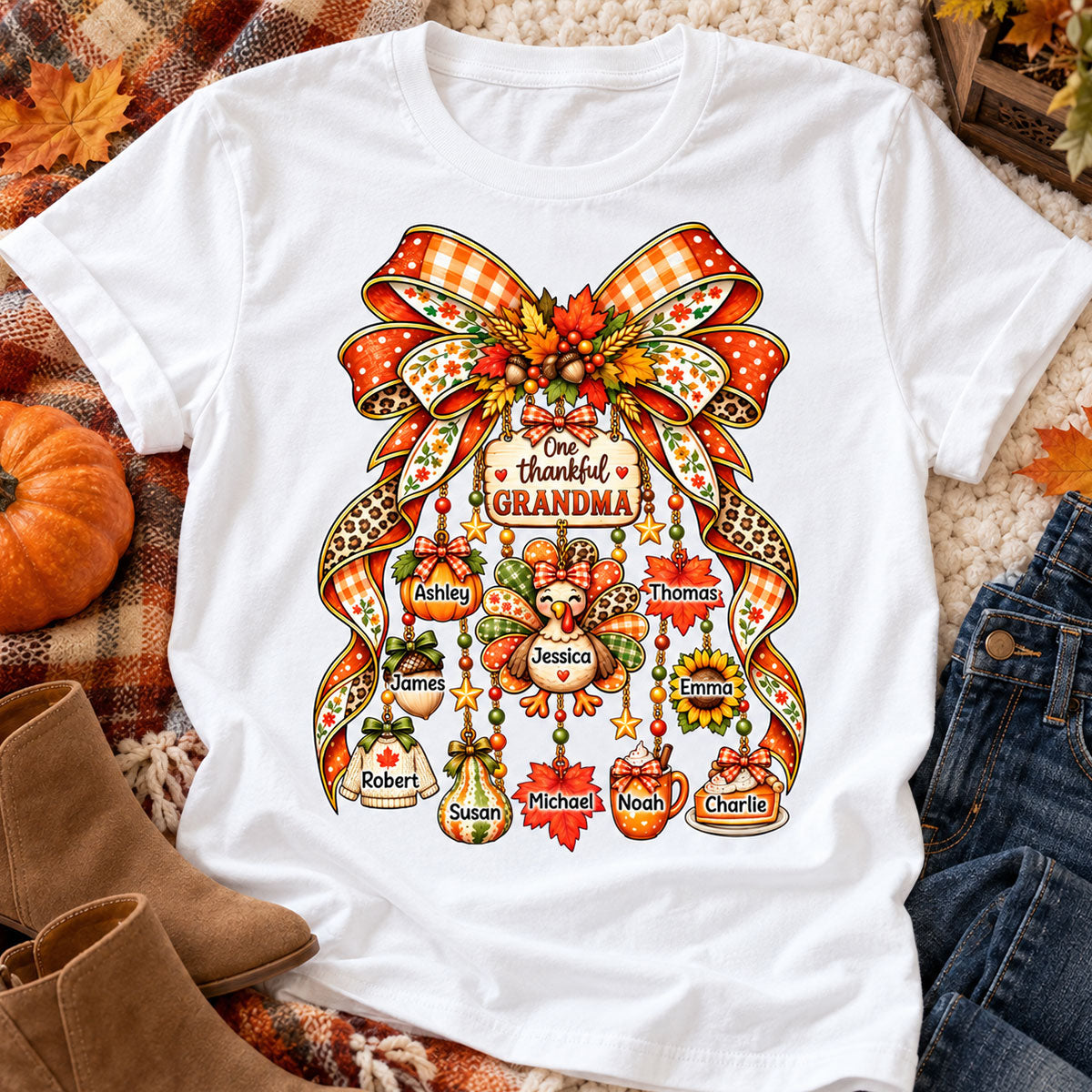 One Thankful Grandma Fall Thanksgiving Charm Bow - Personalized Shirt - Gift for Grandma