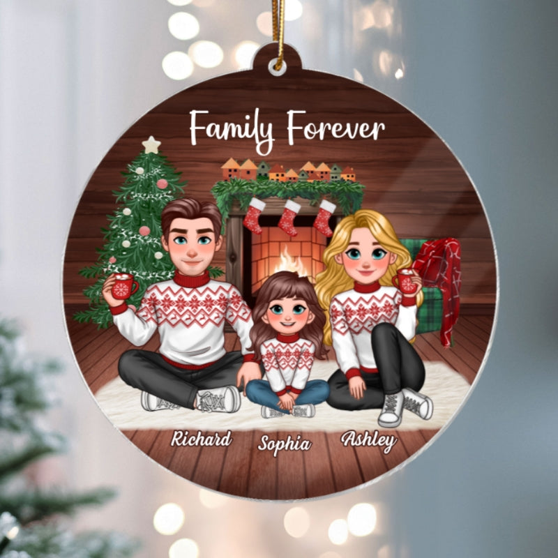 Animated Family Sitting In Cozy House Christmas Personalized Acrylic Ornament