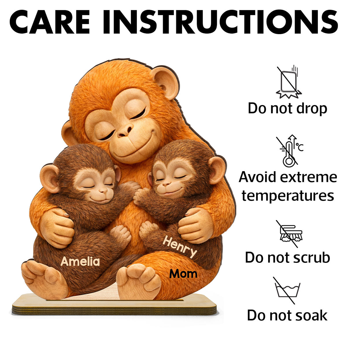 Mother Monkey & Children, Baby Monkey Punch - Personalized 2-Layered Wooden Plaque - Heartfelt Mother's Day Gift for Mom, Wife