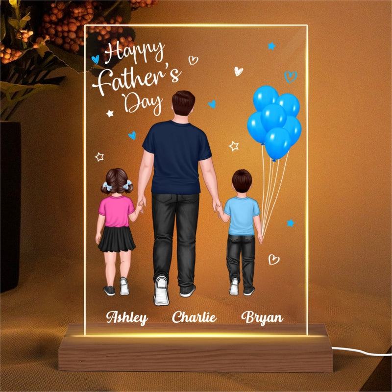 Dad And Kids Walking Blue Balloon Personalized Rectangle Acrylic LED Night Light